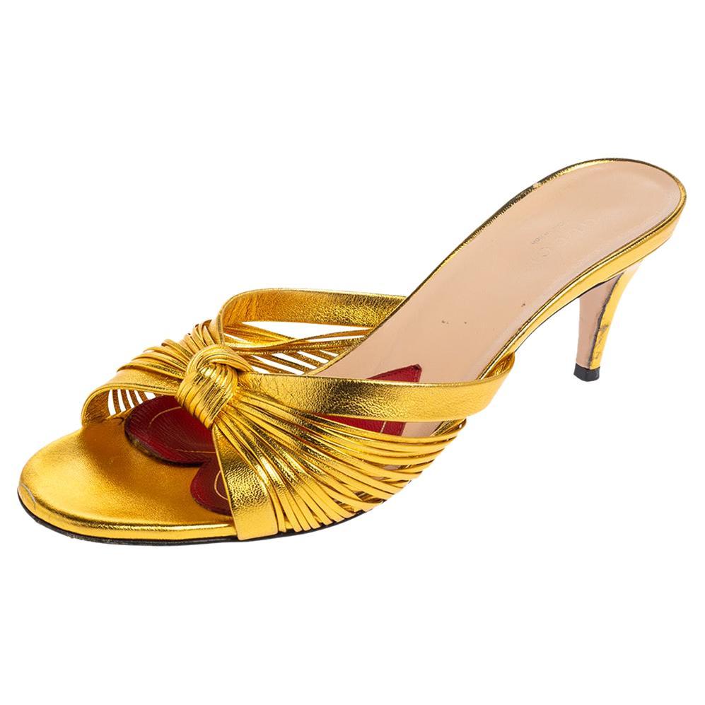 Gucci Metallic Gold Leather Knotted Strips Open Toe Sandals Size 39