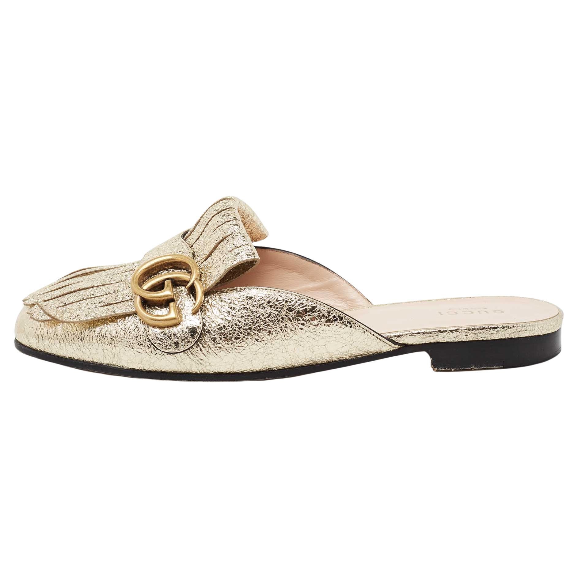 Gucci Metallic Gold Leather Marmont Kiltie GG Fringe Mules Size 37.5