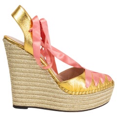 GUCCI metallic gold leather pink satin ALEXIS Platform Wedge Sandals Shoes 41.5