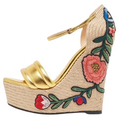 Gucci Metallic Gold Leder Plateau Espadrille Keilsandalen Größe 36