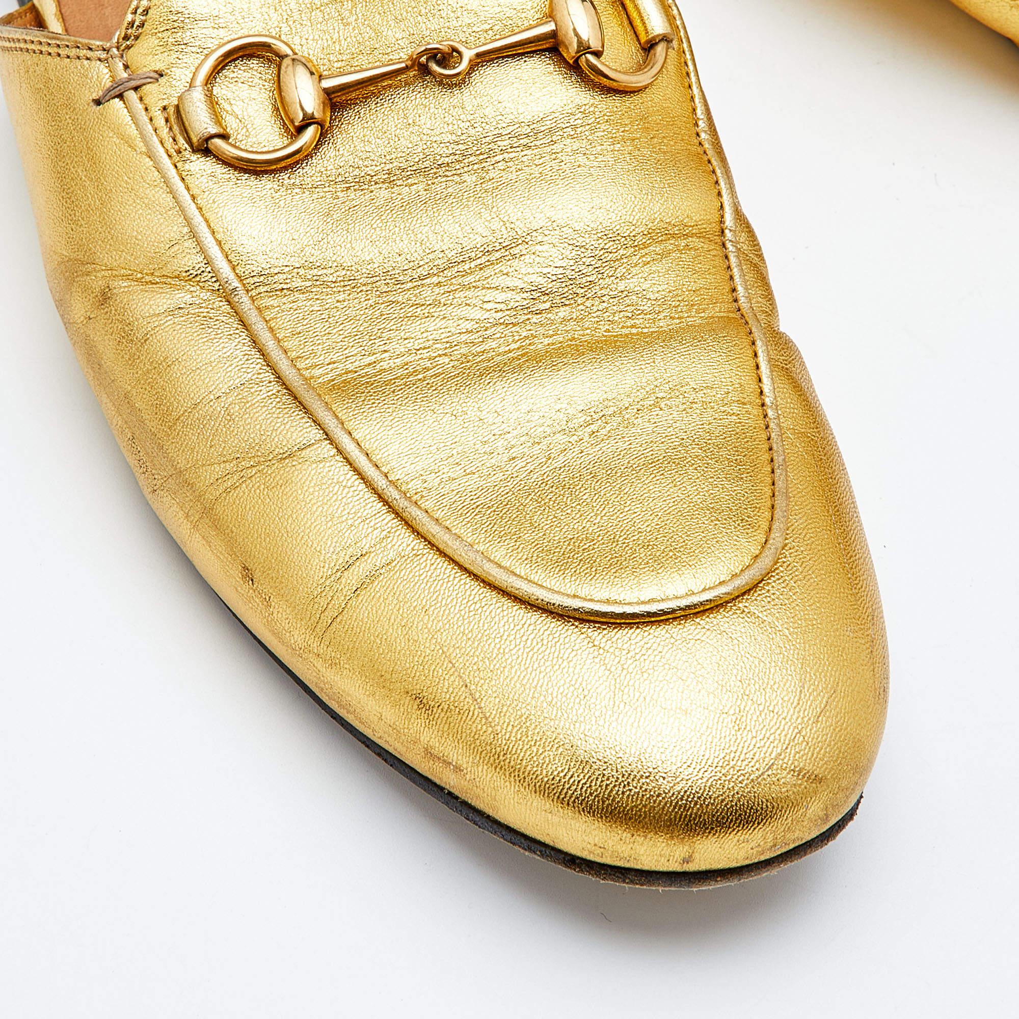 Women's Gucci Metallic Gold Leather Princetown Horsebit Flat Mules Size 38