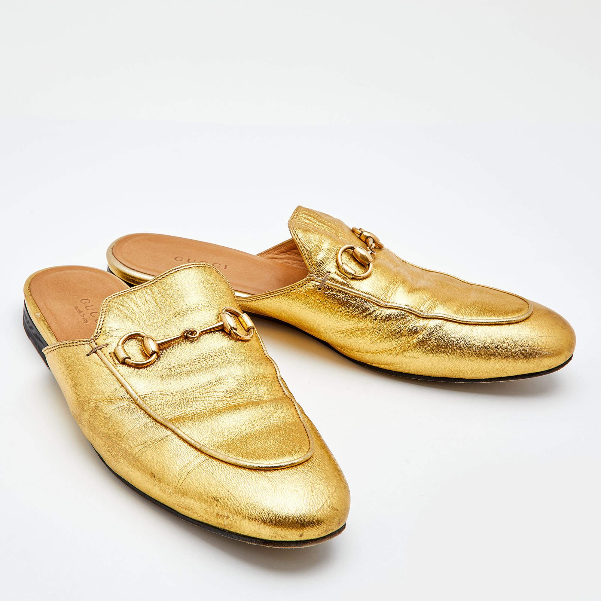 Gucci Metallic Gold Leather Princetown Horsebit Flat Mules Size 38 1