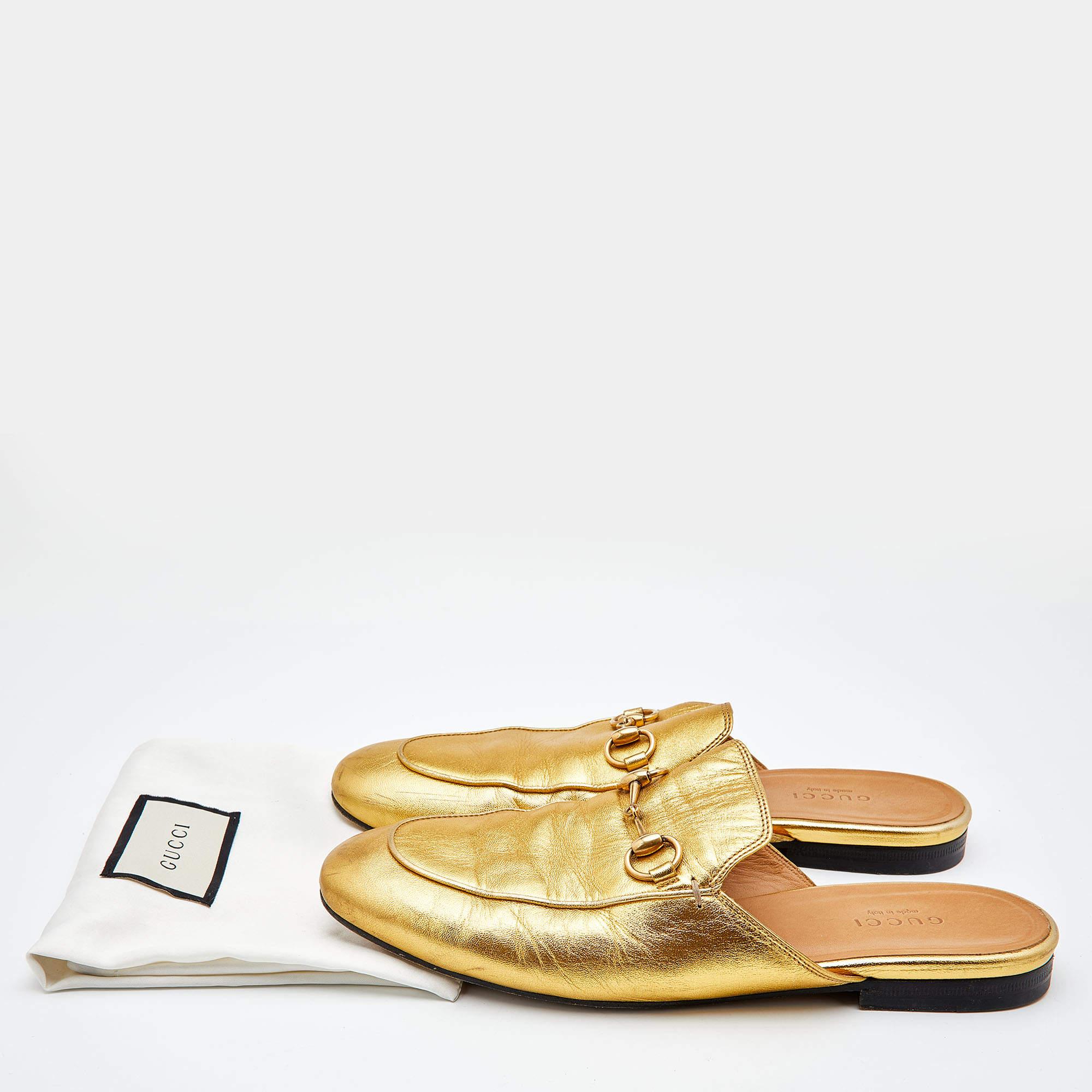 Gucci Metallic Gold Leather Princetown Horsebit Flat Mules Size 38 5
