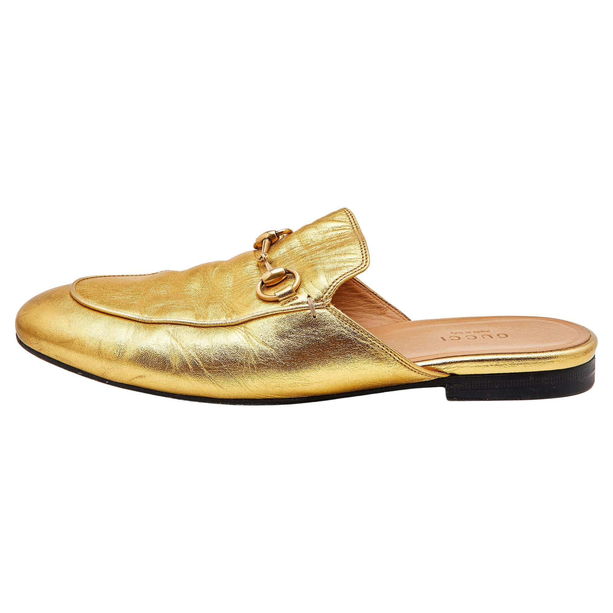 Gucci Metallic Gold Leather Princetown Horsebit Flat Mules Size 38