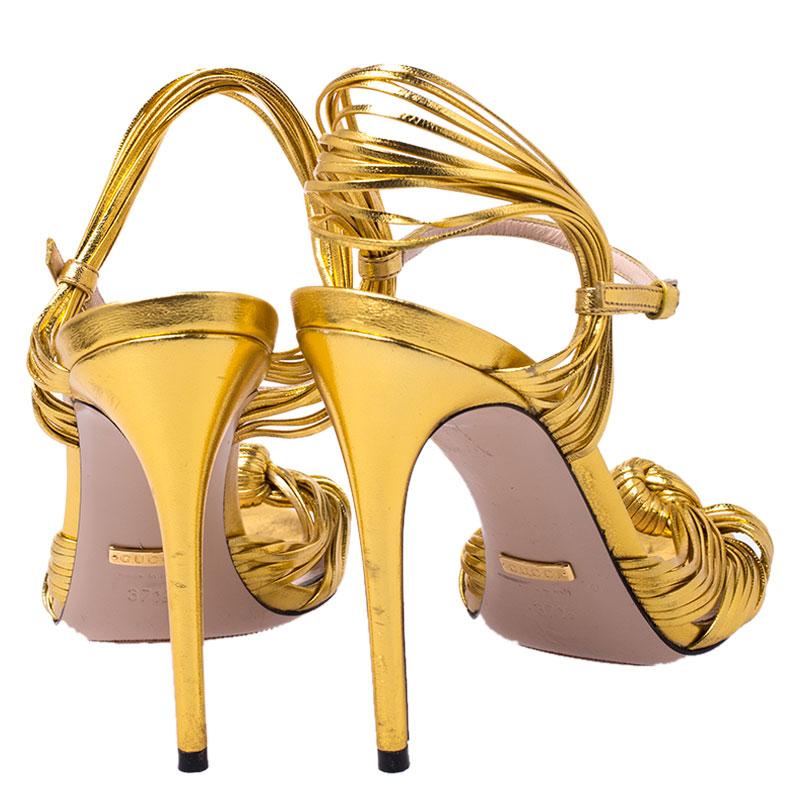 Gucci Metallic Gold Leather Strappy Allie Knot Sandals Size 37.5 at ...