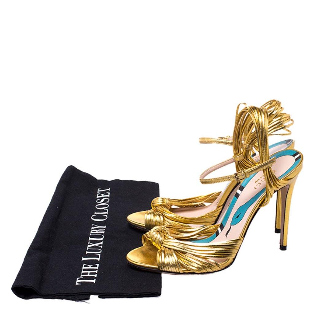 Gucci Metallic Gold Leather Strappy Allie Knot Sandals Size 37.5 1