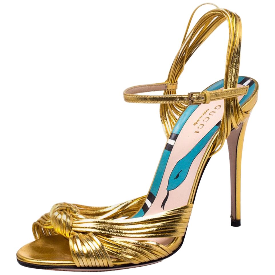 Gucci Metallic Gold Leather Strappy Allie Knot Sandals Size 37.5