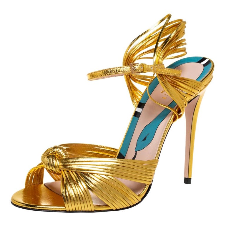 Gucci Metallic Gold Leather Strappy Allie Knot Sandals Size 39 at 1stDibs