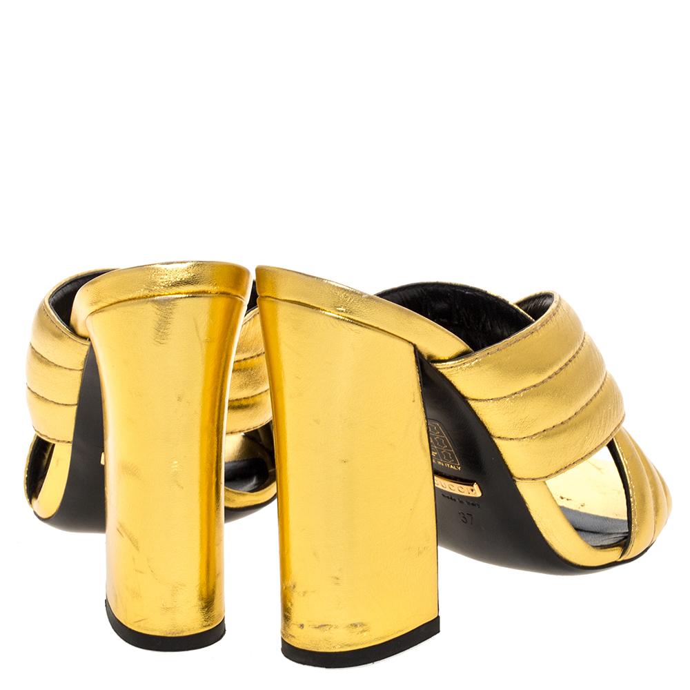 Gucci Metallic Gold Leather Sylvia Cross Strap Block Heel Sandals Size 37 In Good Condition In Dubai, Al Qouz 2