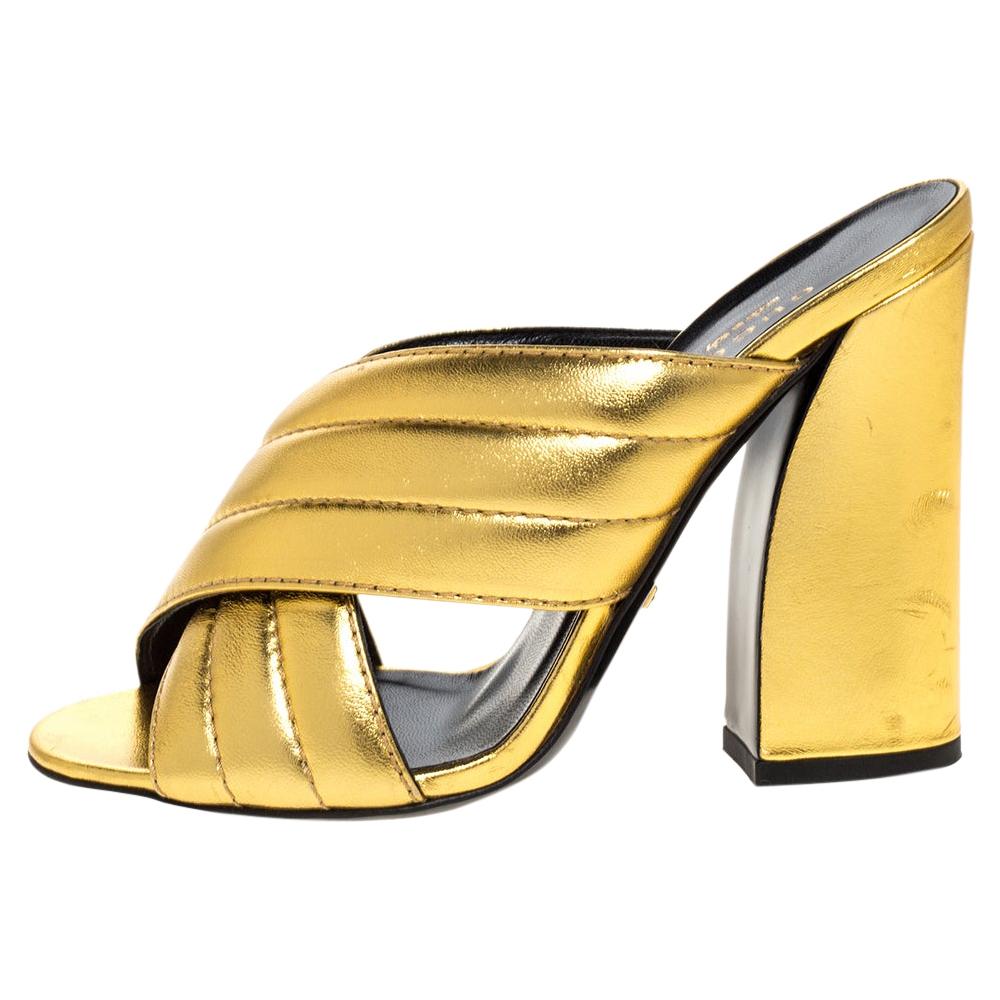 Gucci Metallic Gold Leather Sylvia Cross Strap Block Heel Sandals Size 37