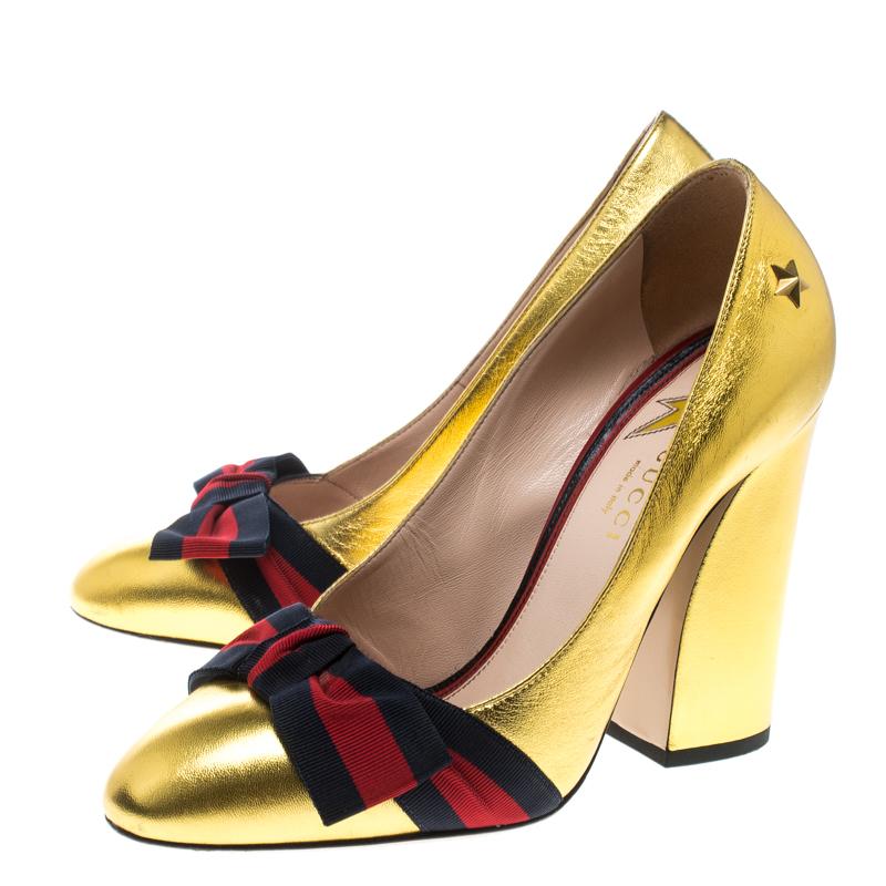 Women's Gucci Metallic Gold Leather Web Bow Detail Pumps Size 37.5