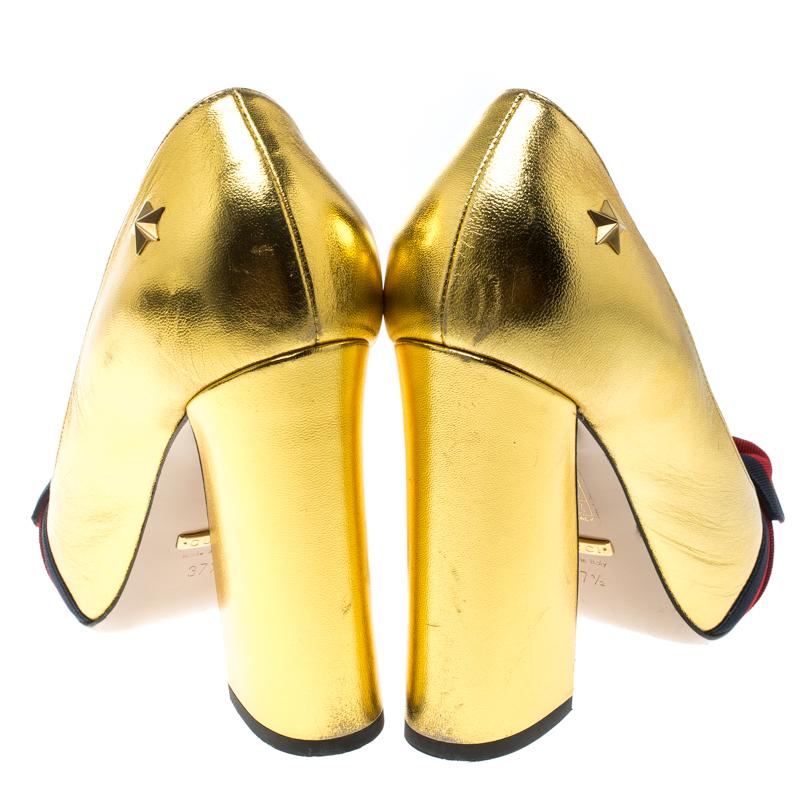 Gucci Metallic Gold Leather Web Bow Detail Pumps Size 37.5 1