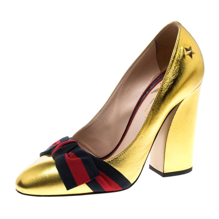 Gucci Metallic Gold Leather Web Bow Detail Pumps Size 37.5