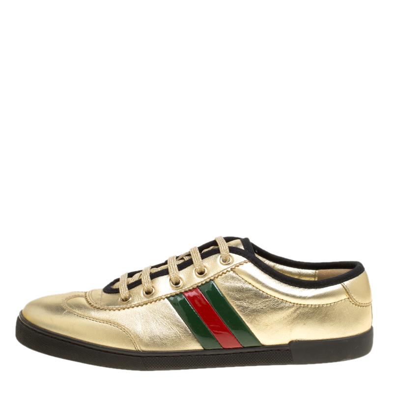 Women's Gucci Metallic Gold Leather Web Detail Sneakers Size 38.5