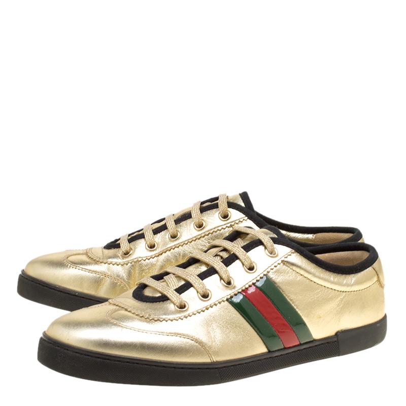 Gucci Metallic Gold Leather Web Detail Sneakers Size 38.5 1