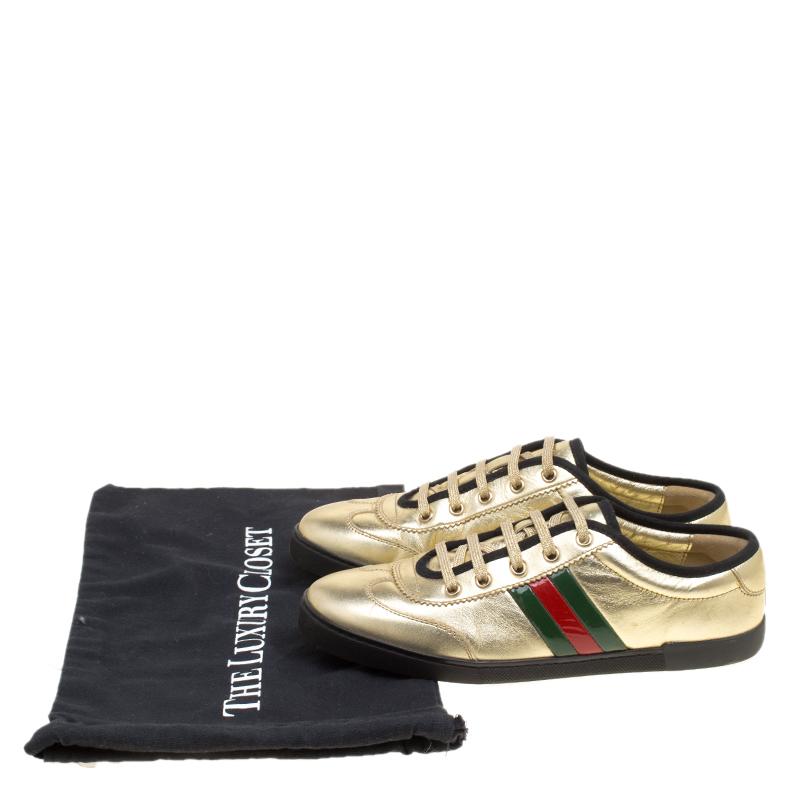 Gucci Metallic Gold Leather Web Detail Sneakers Size 38.5 4
