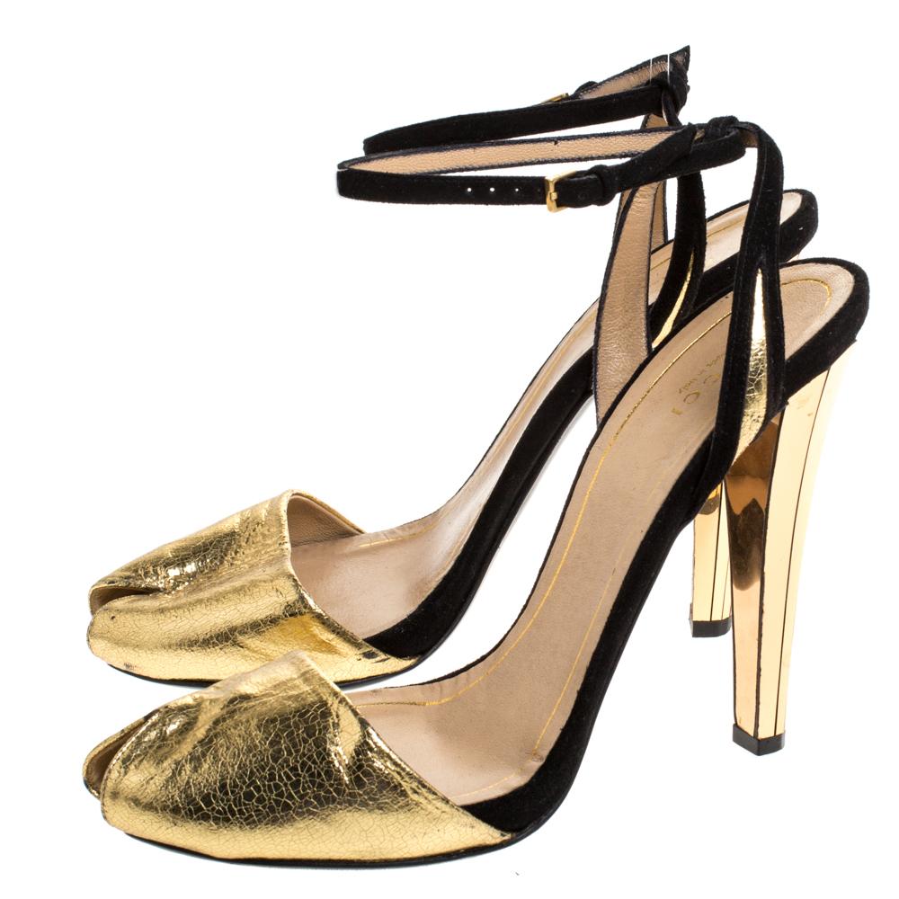 Women's Gucci Metallic Gold Leather With Suede Ankle Strap Peep Toe Sandals Size 40