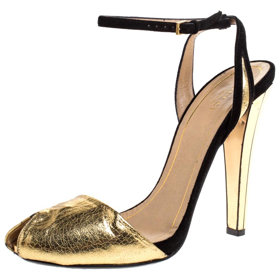 Gucci Metallic Gold Leather With Suede Ankle Strap Peep Toe Sandals Size 40