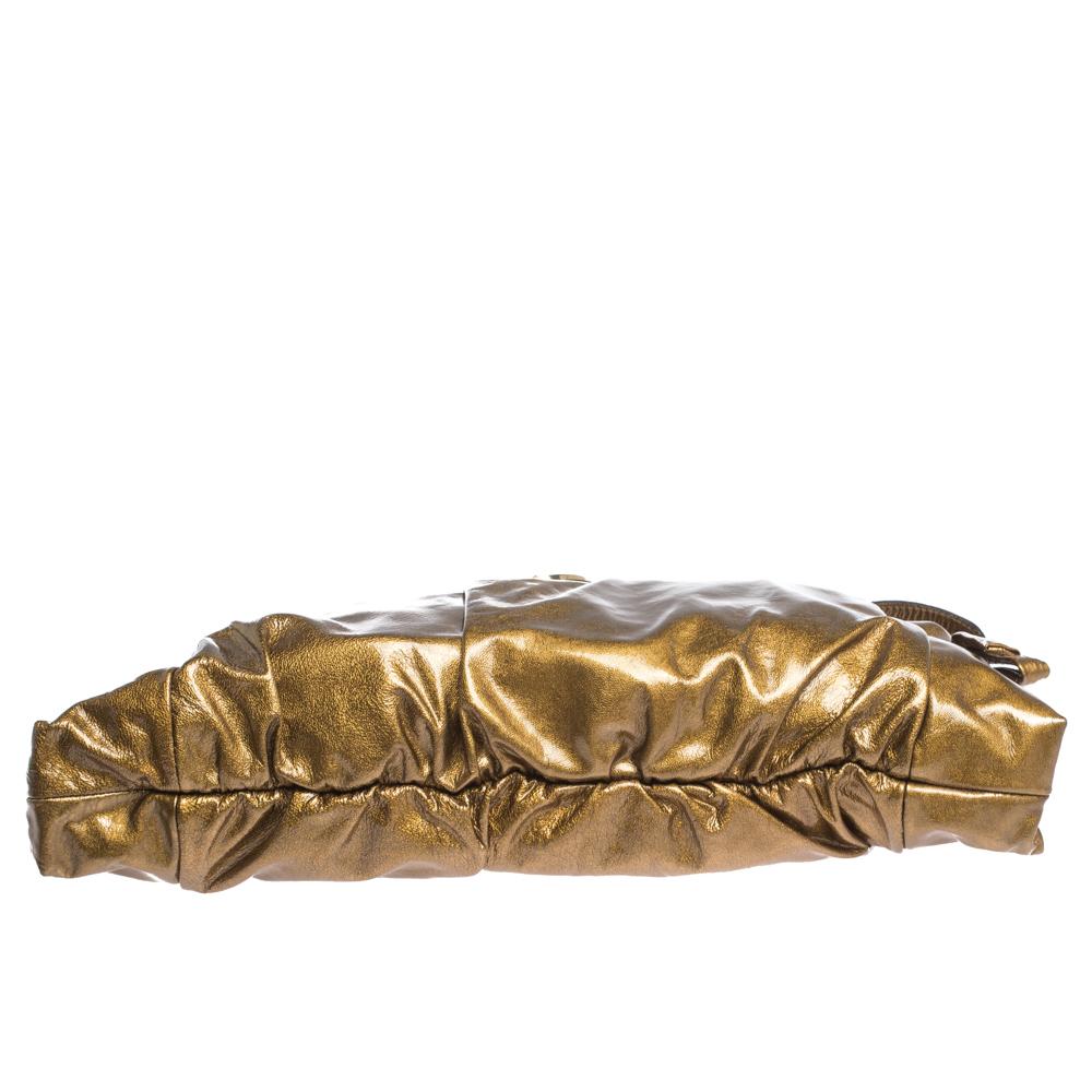 Brown Gucci Metallic Gold Patent Leather Large Hysteria Clutch