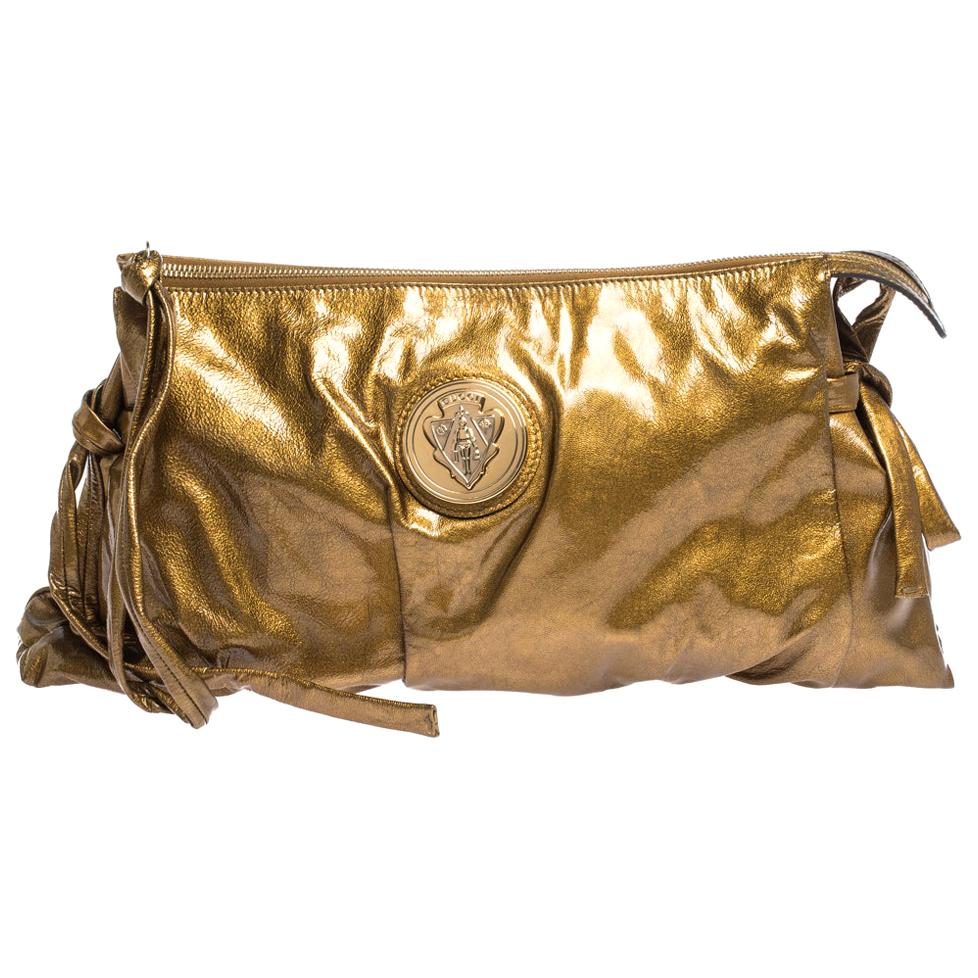 Gucci Metallic Gold Patent Leather Large Hysteria Clutch