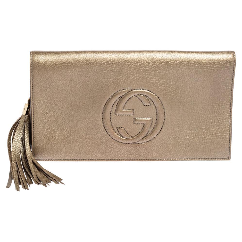 Gucci Metallic Gold Pebbled Leather Soho Clutch