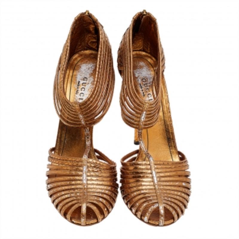 Brown Gucci Metallic Gold Python Leather T-Strap Sandals Size 38