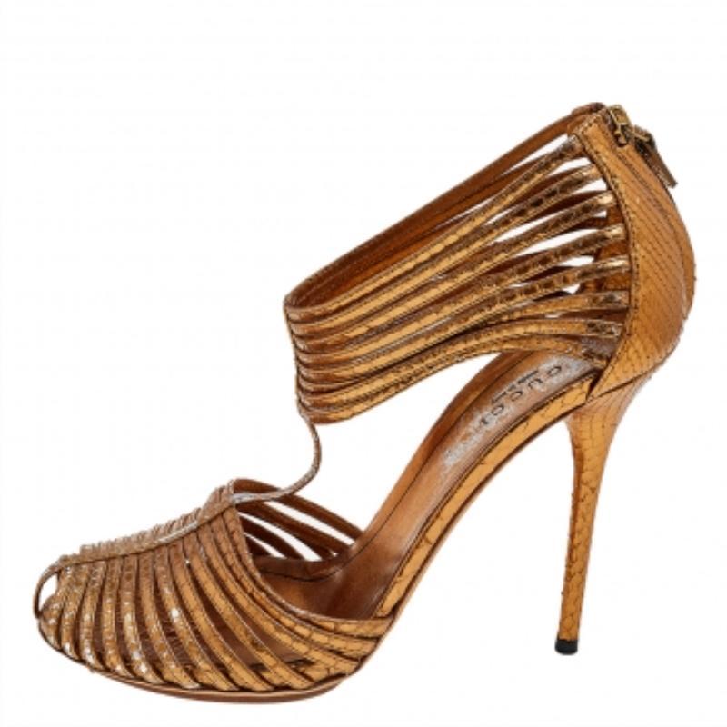 Women's Gucci Metallic Gold Python Leather T-Strap Sandals Size 38