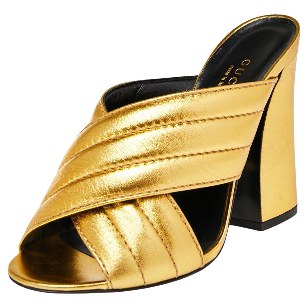 Gucci Metallic Gold Quilted Leather Webby Mules Sandals Size 35 at 1stDibs