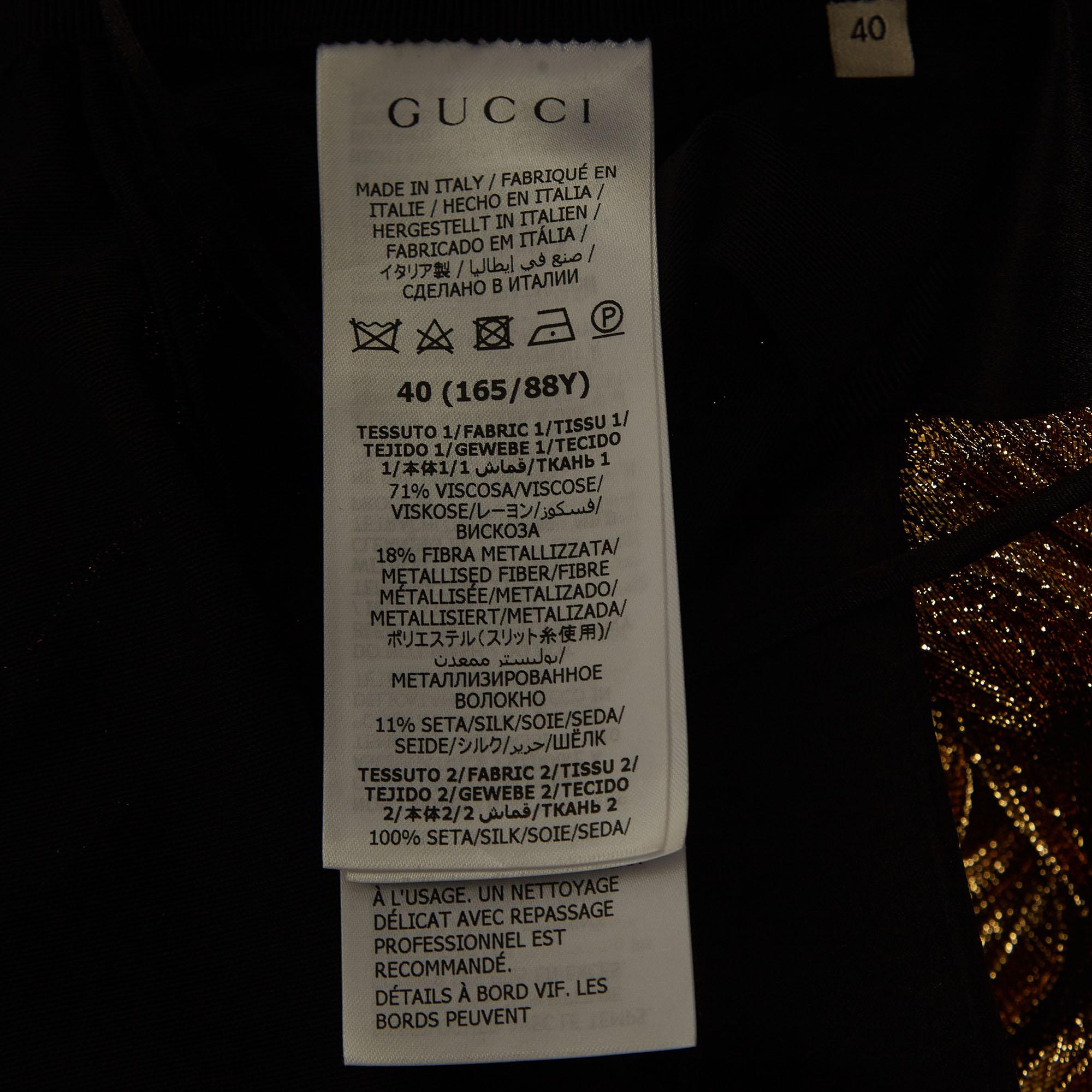 Gucci Metallic Gold Satin Silk and Lame Plisse With Harness Gown S In Excellent Condition For Sale In Dubai, Al Qouz 2