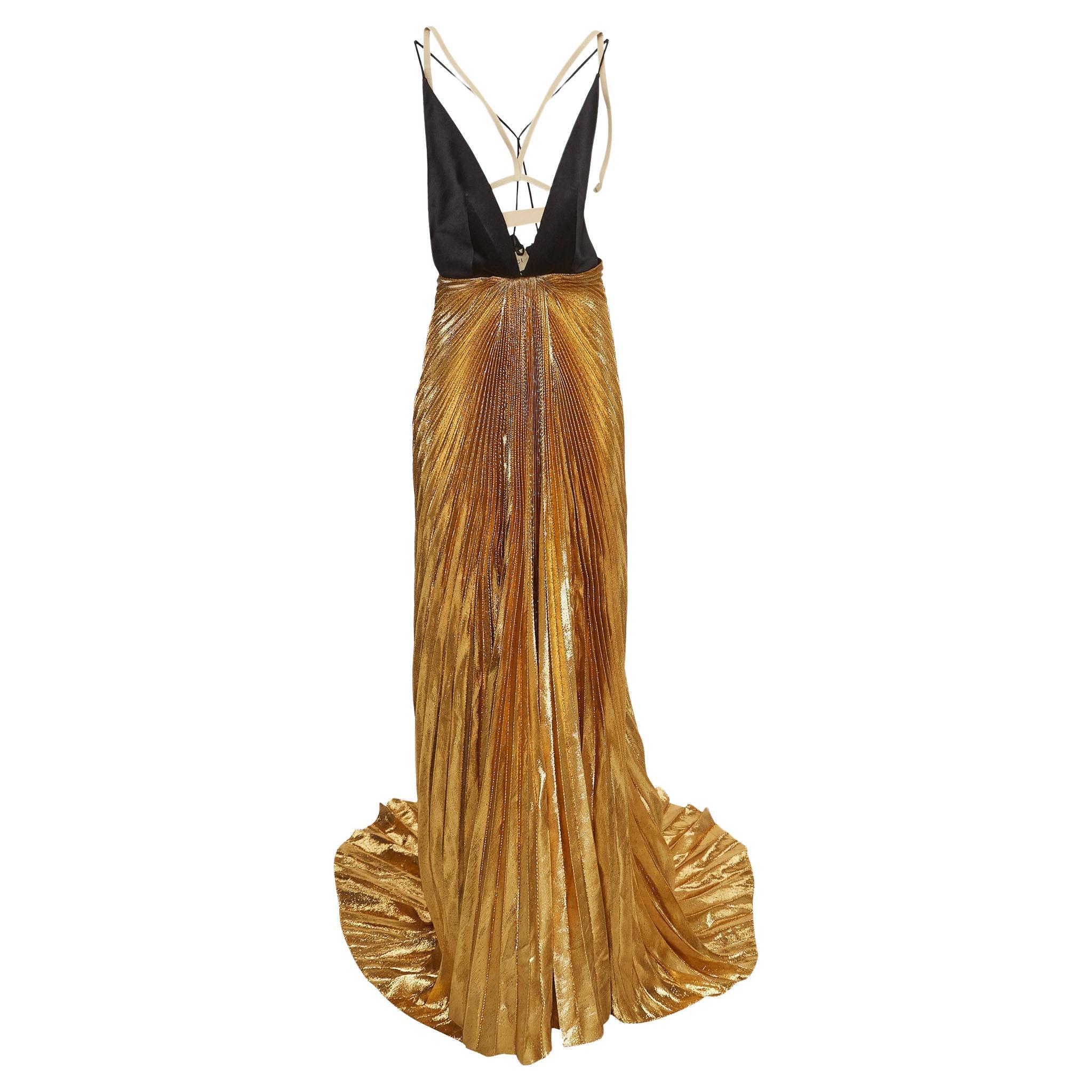 Gucci Metallic Gold Satin Silk and Lame Plisse With Harness Gown S For Sale