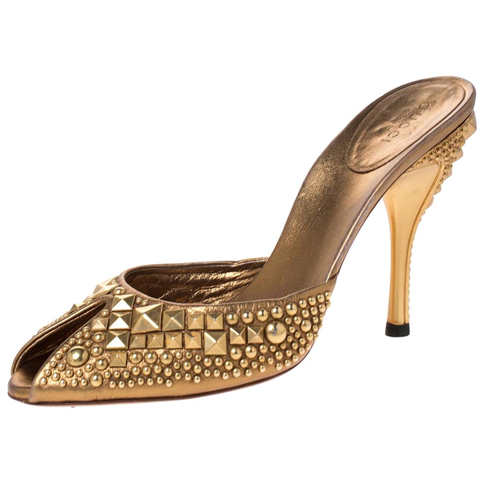 Gucci Metallic Gold Studded Leather Peep Toe Slide Mules Size 38.5