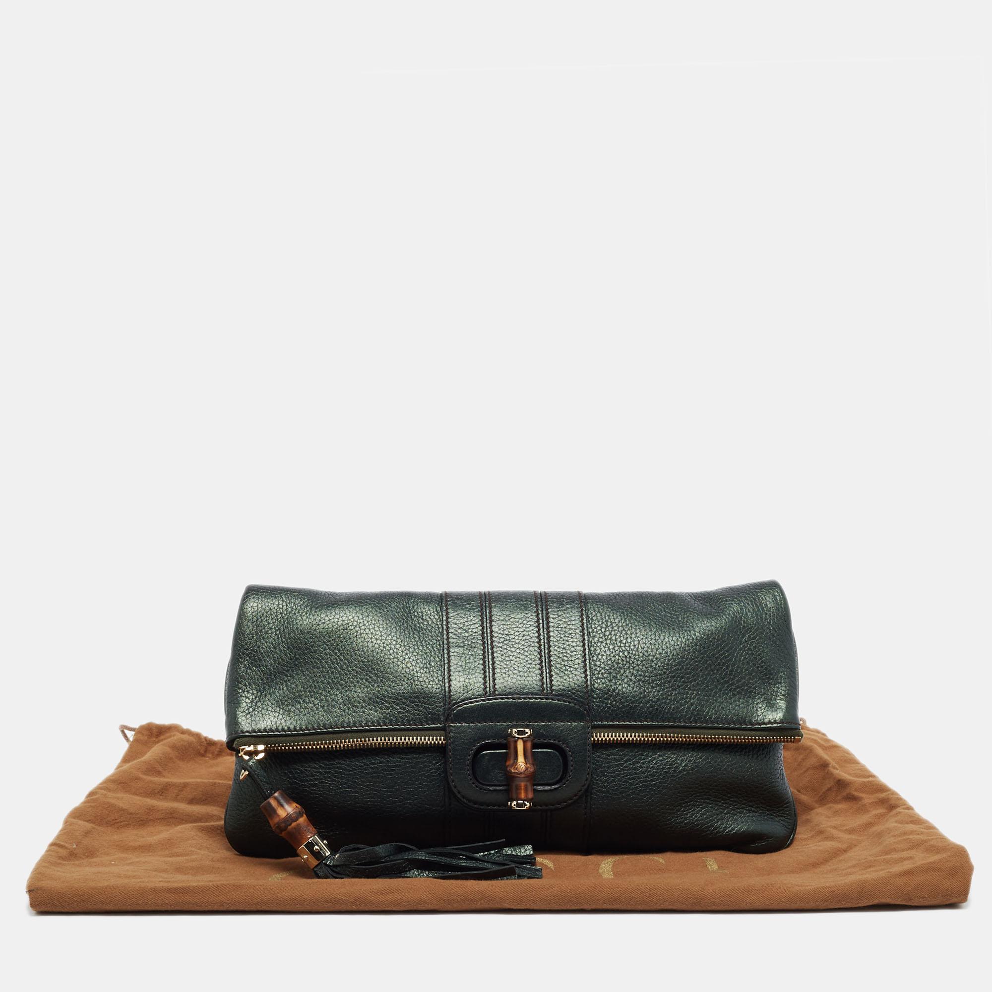 Gucci Metallic Green Leather Bamboo Detail Tassel Lucy Fold Over Clutch 4
