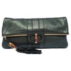 Gucci Metallic Green Leather Bamboo Detail Tassel Lucy Fold Over Clutch