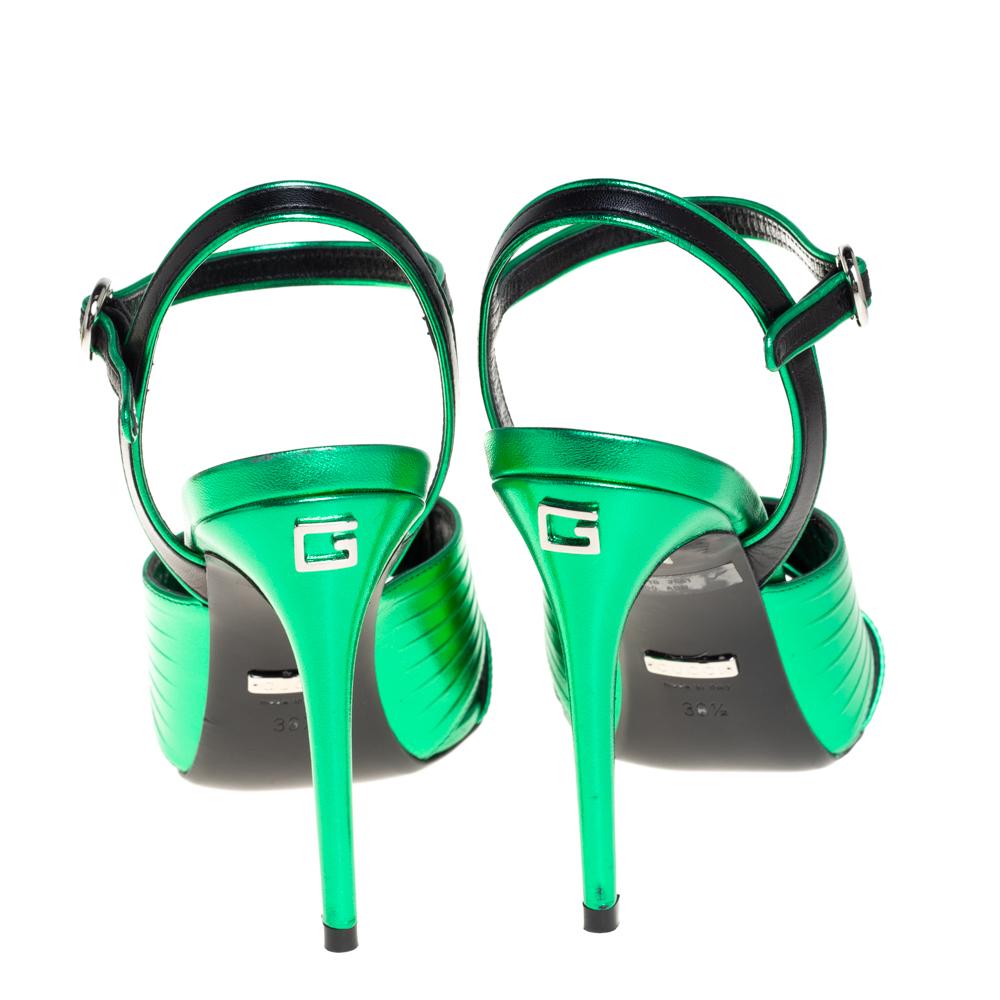 Black Gucci Metallic Green Leather Betsy Ankle Strap Sandals Size 36.5