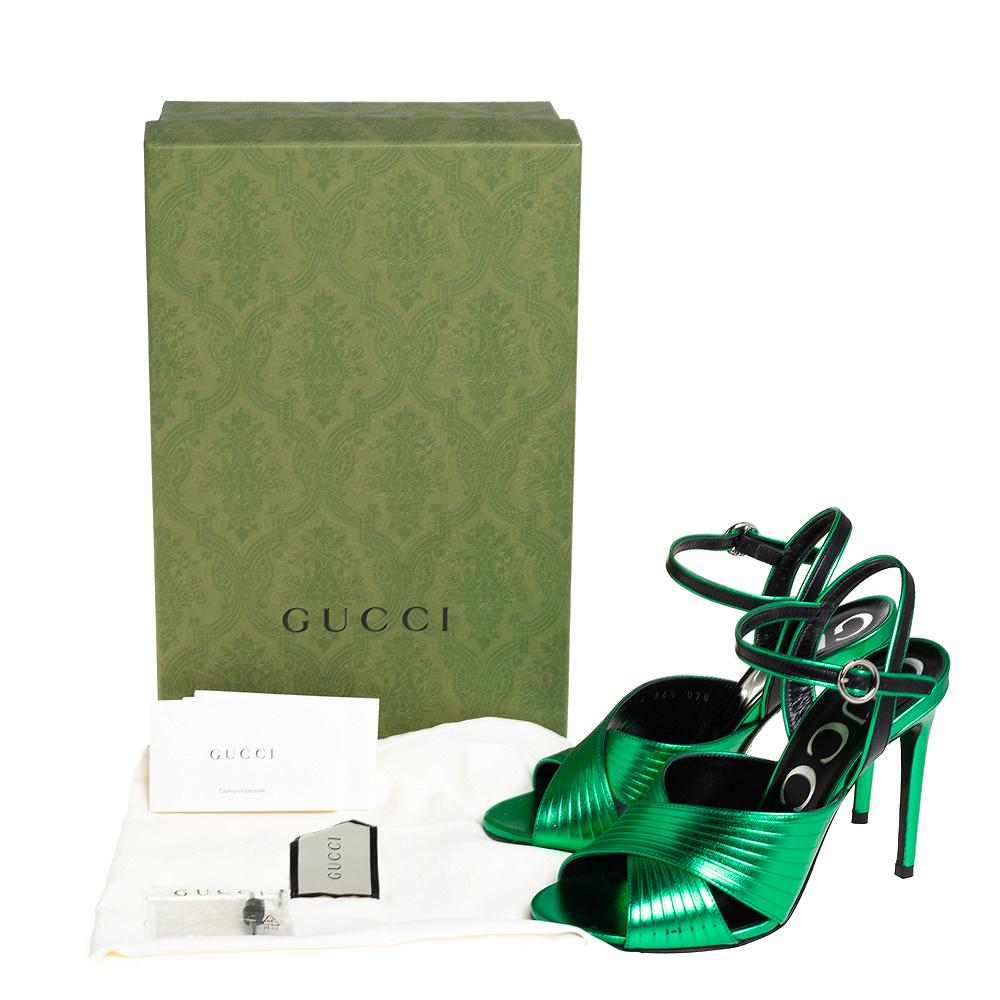 Women's Gucci Metallic Green Leather Betsy Ankle Strap Sandals Size 36.5