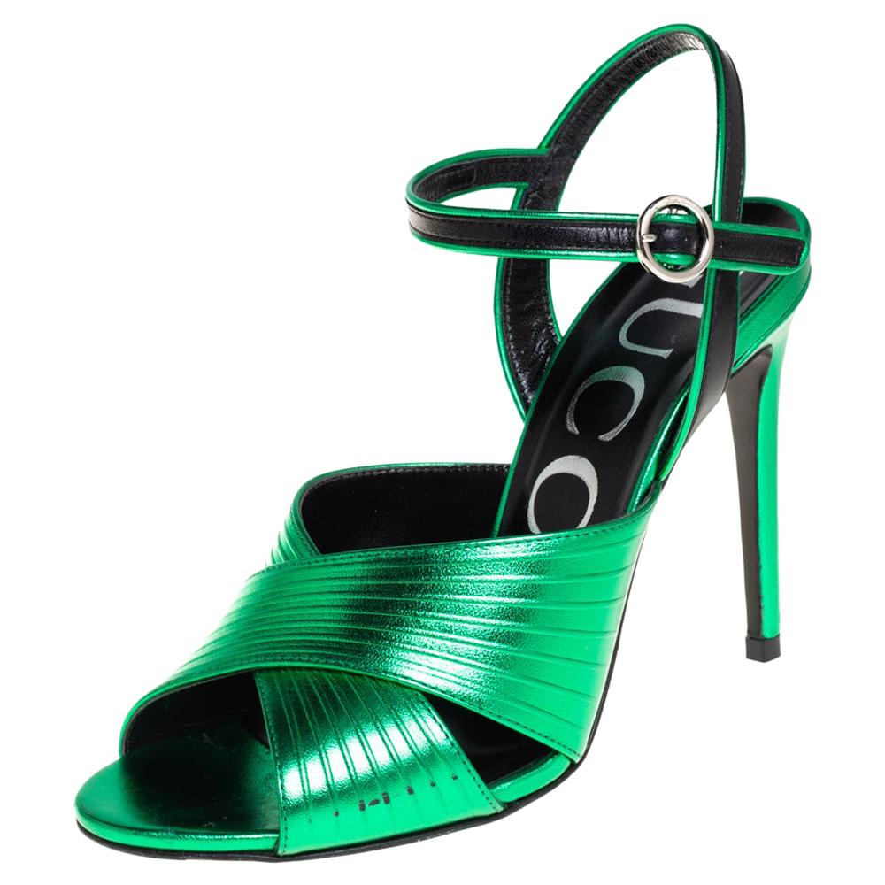 Gucci Metallic Green Leather Betsy Ankle Strap Sandals Size 36.5