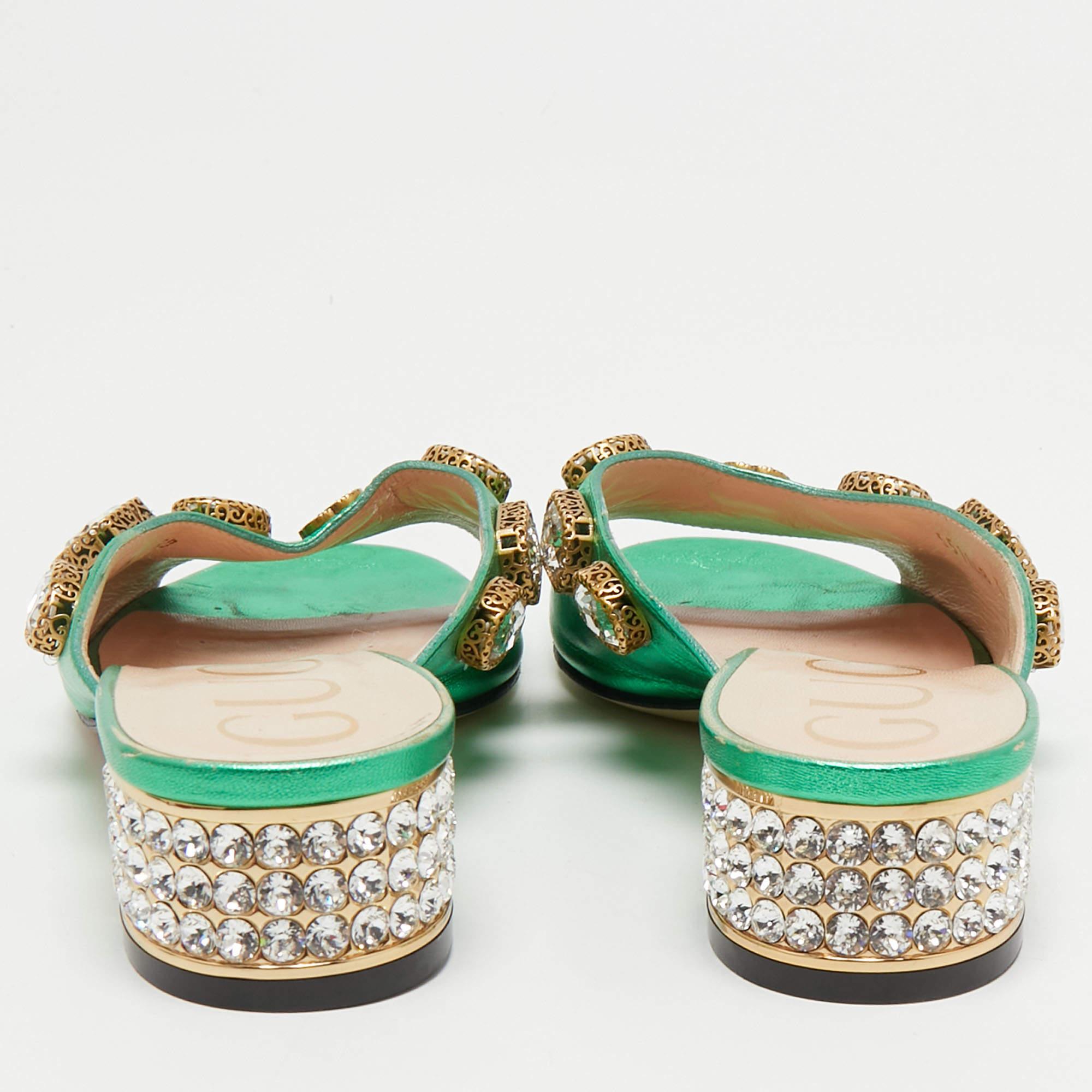 Gray Gucci Metallic Green Leather Crystal Embellished Slide Sandals Size 36