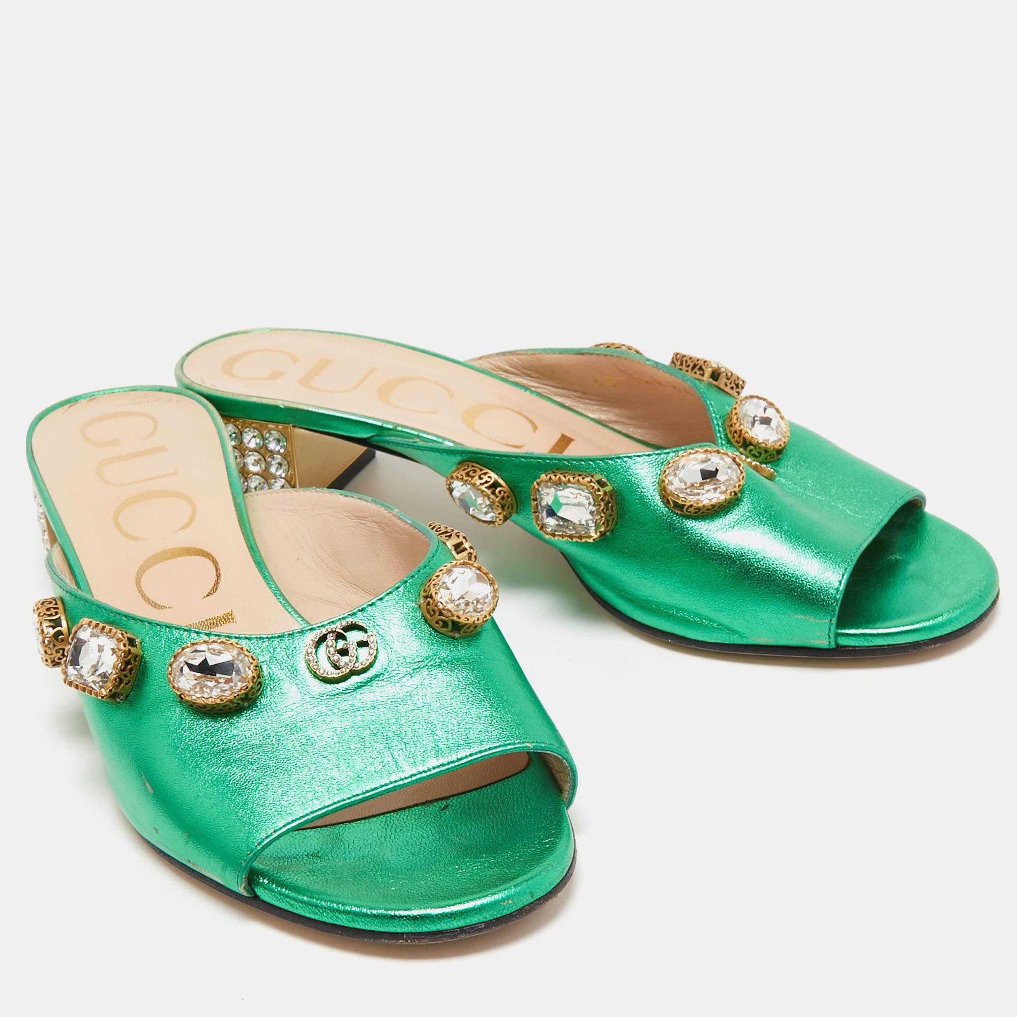 Women's Gucci Metallic Green Leather Crystal Embellished Slide Sandals Size 36