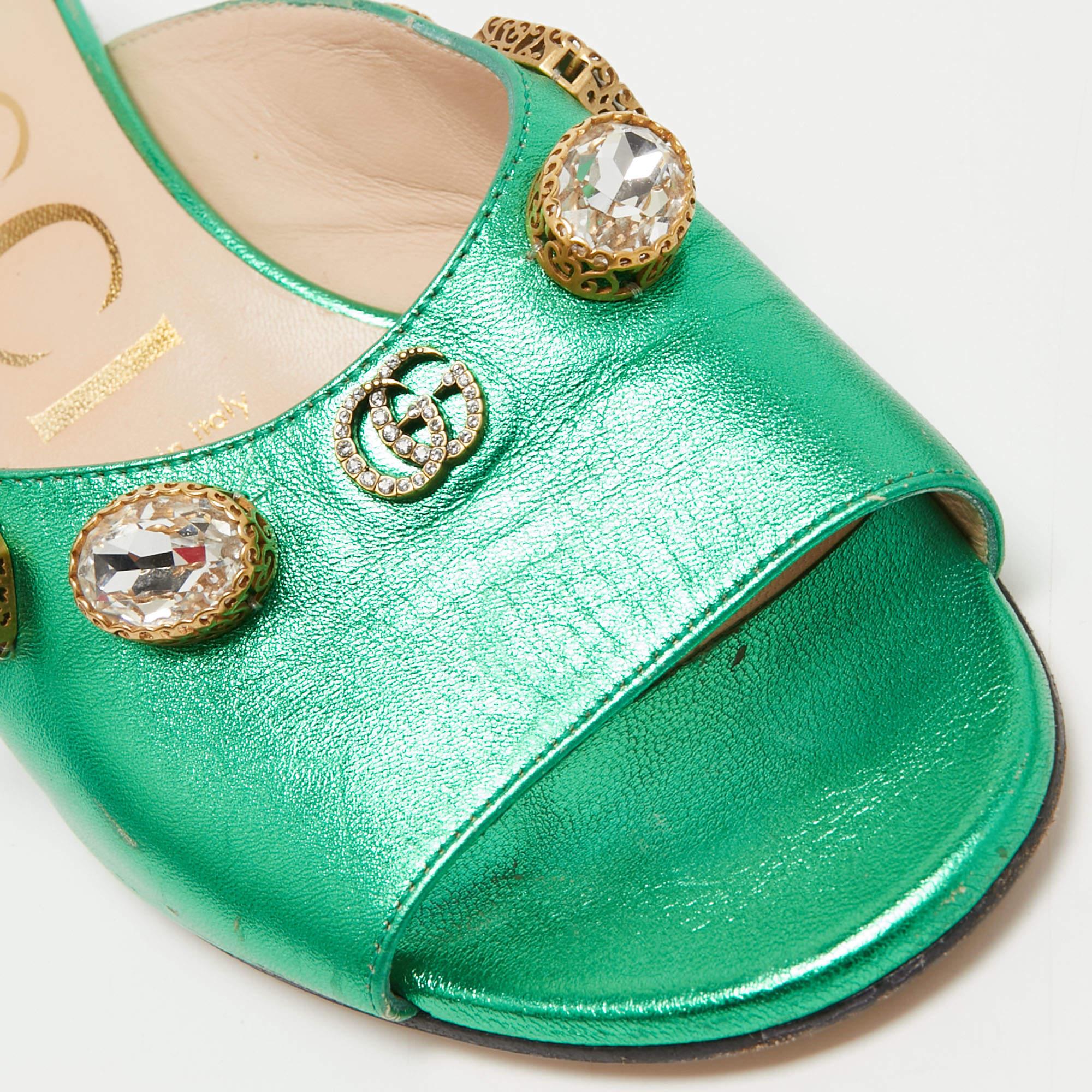 Gucci Metallic Green Leather Crystal Embellished Slide Sandals Size 36 1