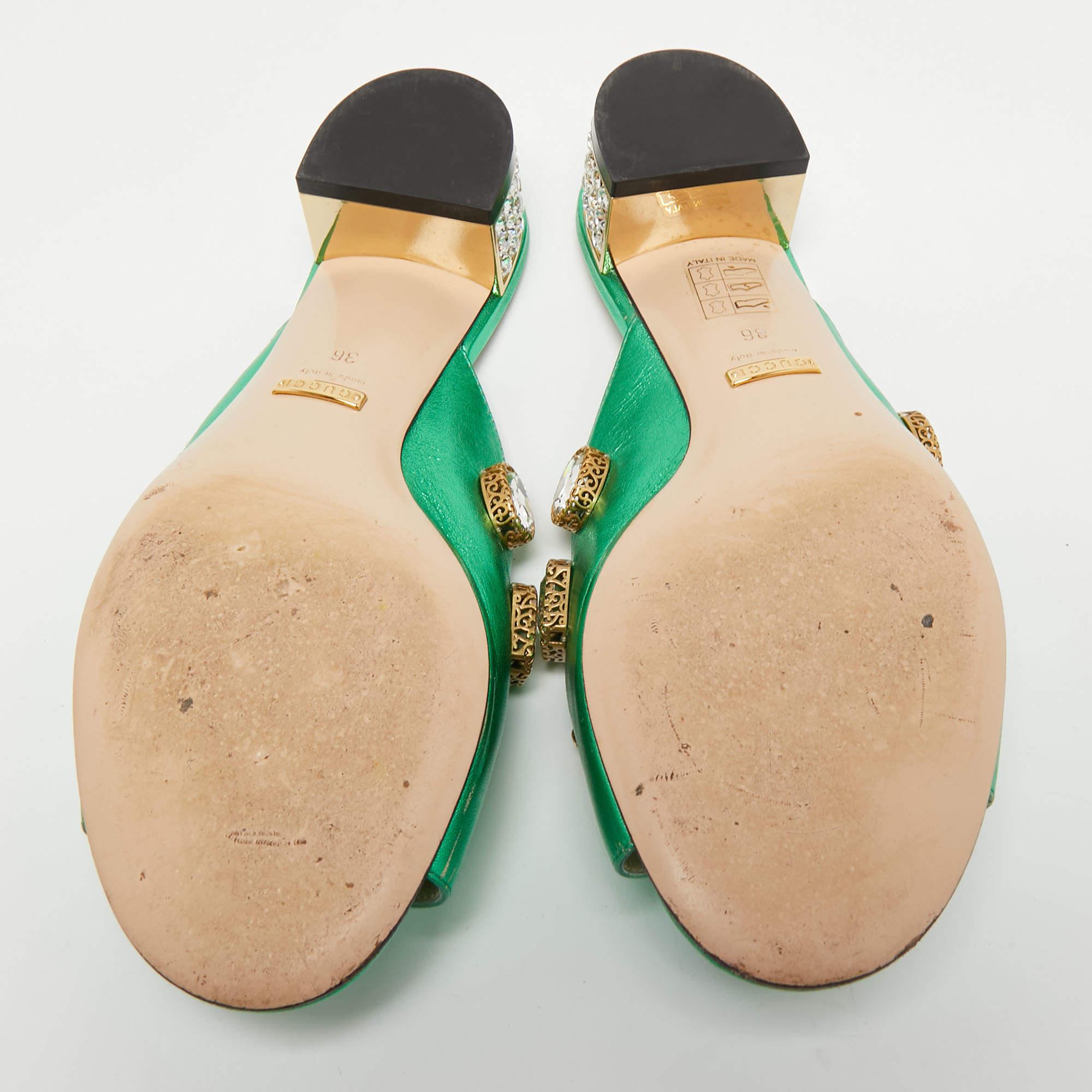 Gucci Metallic Green Leather Crystal Embellished Slide Sandals Size 36 3