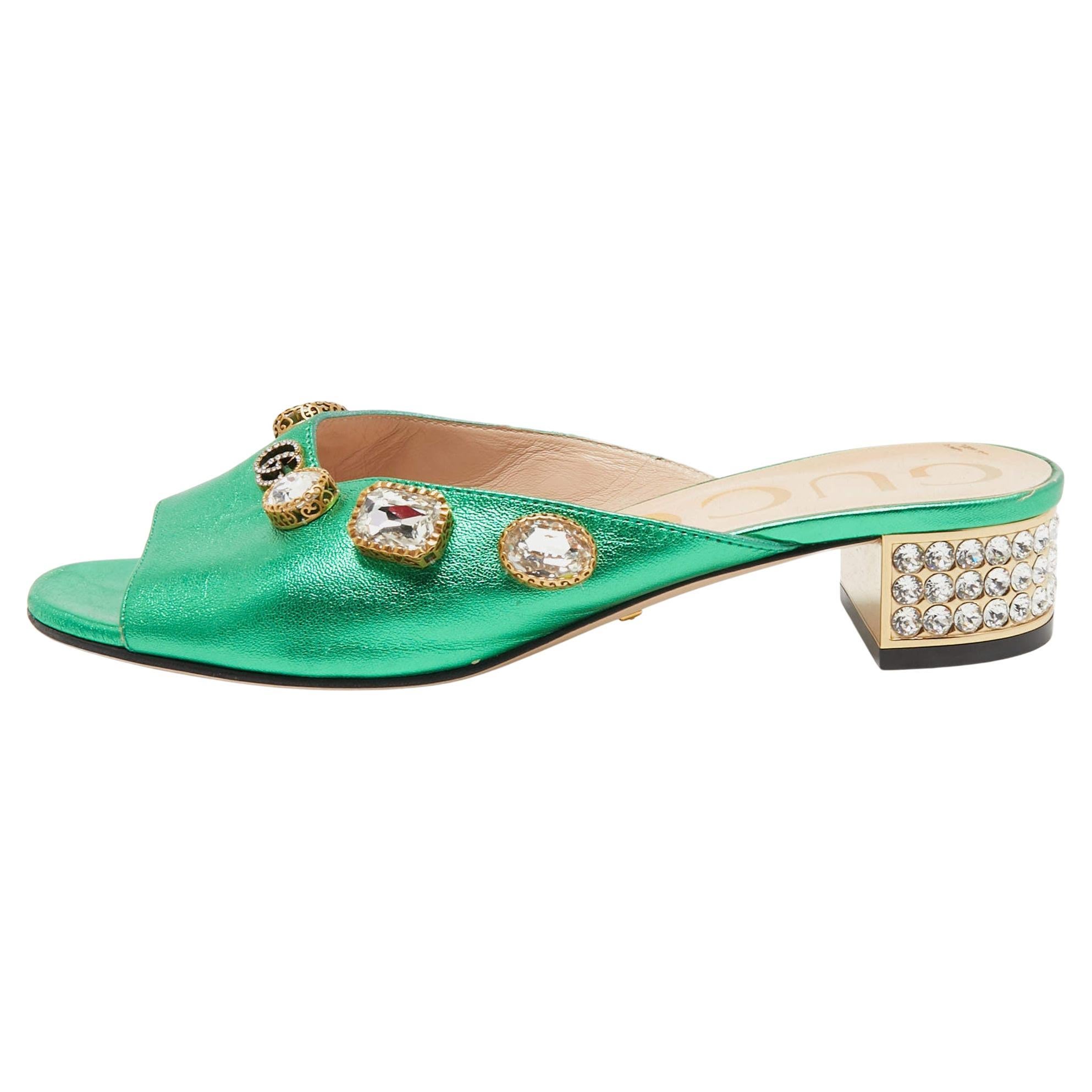 Gucci Metallic Green Leather Crystal Embellished Slide Sandals Size 36