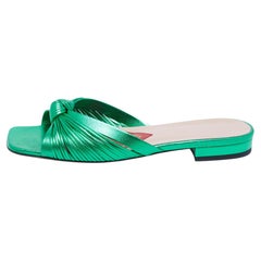 Gucci Metallic Green Leather Knotted Slide Flat Sandals Size 37.5