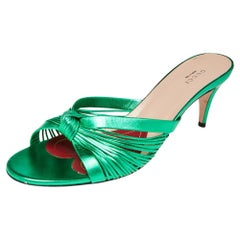 Used Gucci Metallic Green Leather Knotted Slide Sandals Size 41.5