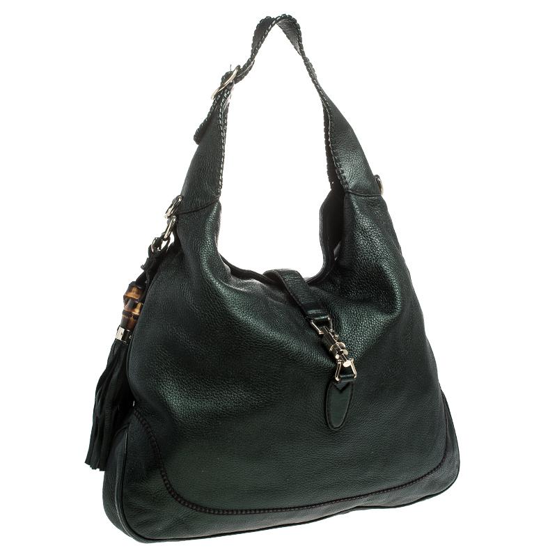 Black Gucci Metallic Green Leather Large New Jackie Hobo