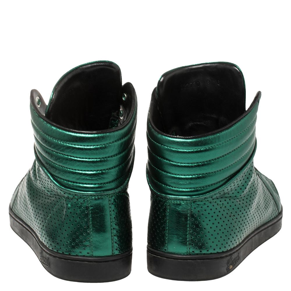 Black Gucci Metallic Green Perforated Leather Coda High Top Sneaker Size 42