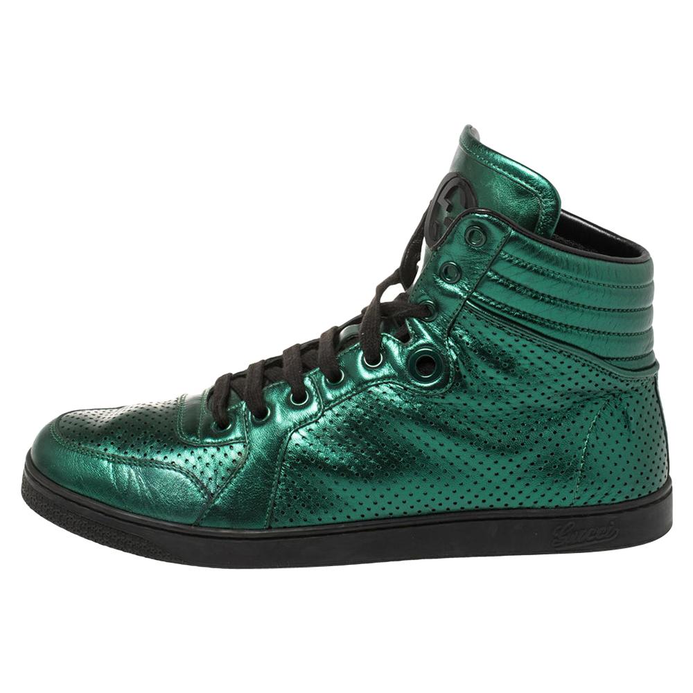 Gucci Metallic Green Perforated Leather Coda High Top Sneaker Size 42