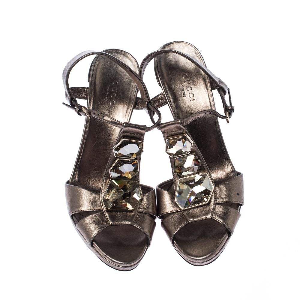 Gray Gucci Metallic Grey Crystal Embellished T Strap Sandals Size 36.5