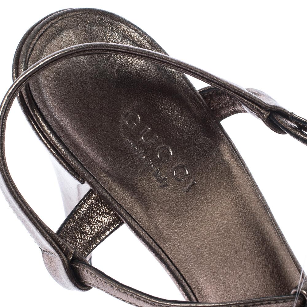 Women's Gucci Metallic Grey Crystal Embellished T Strap Sandals Size 36.5