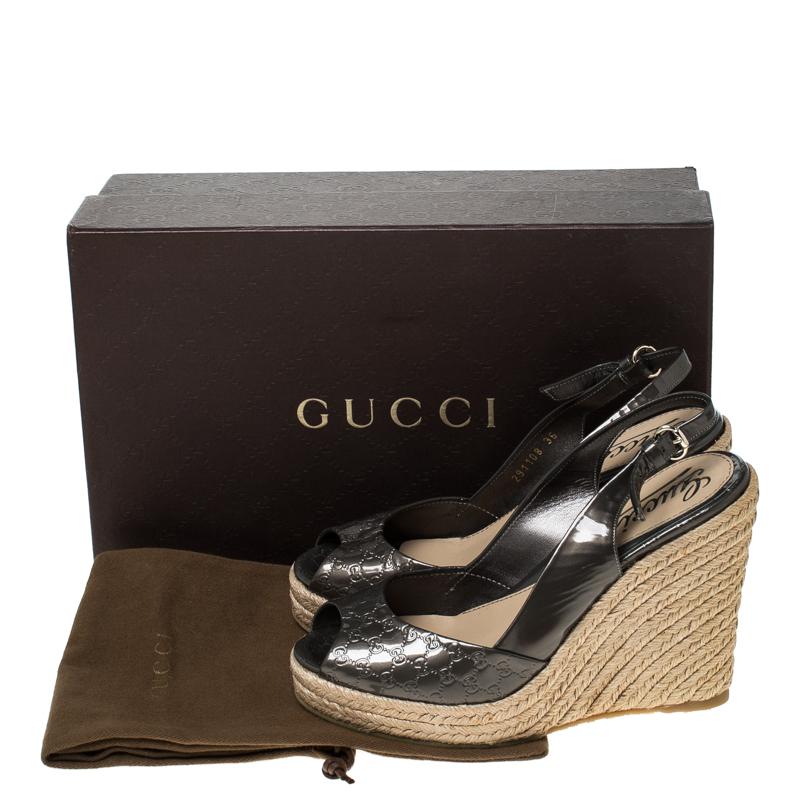 Gucci Metallic Grey GG Patent Leather Slingback Wedges Platform Sandals Size 36 3