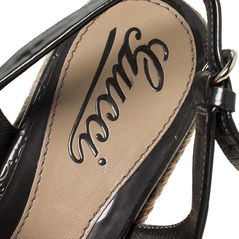 Black Gucci Metallic Grey GG Patent Leather Slingback Wedges Platform Sandals Size 36